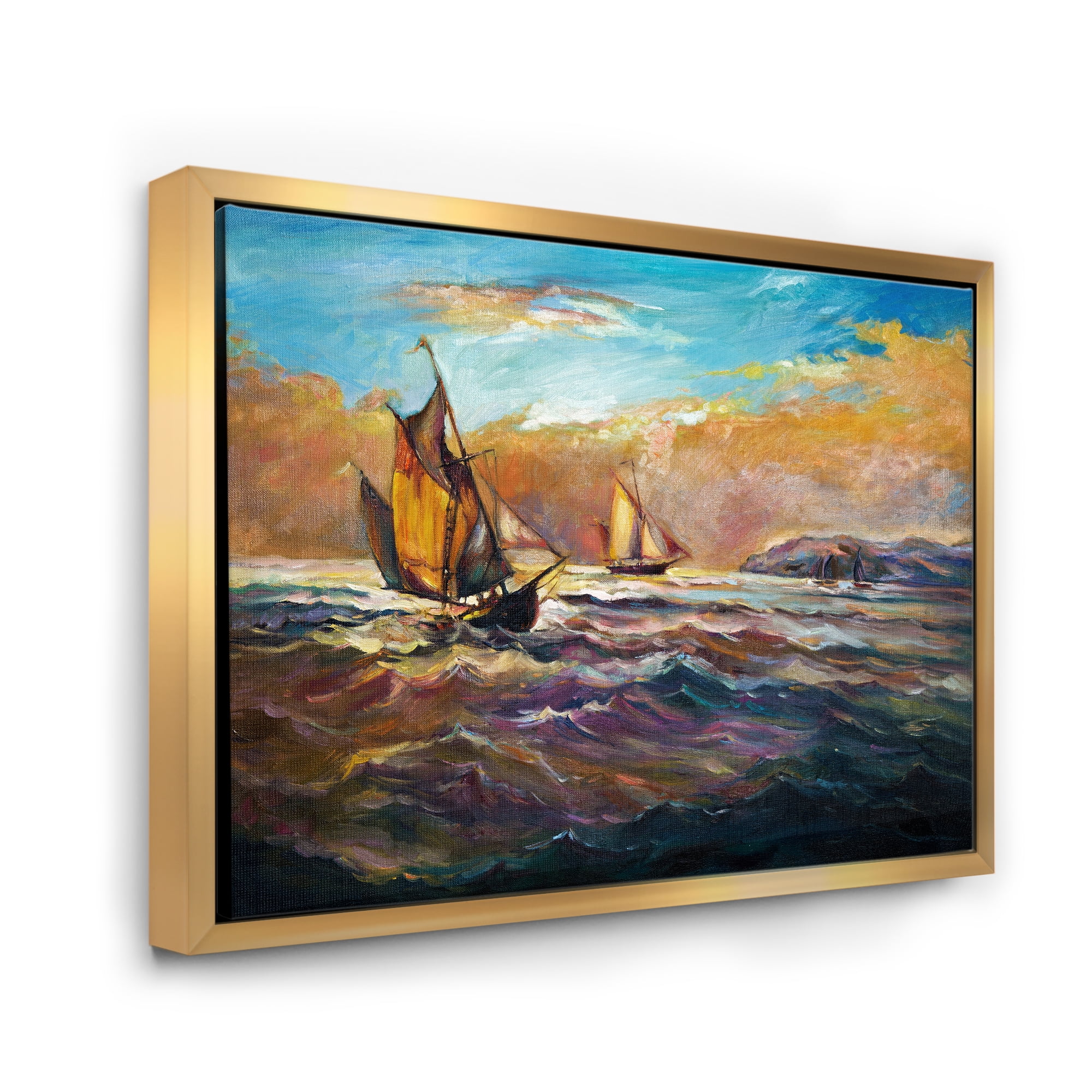 Designart 'Boats During Evening Sunset In The Ocean II' Nautical & Coastal Framed Canvas Wall Art Print