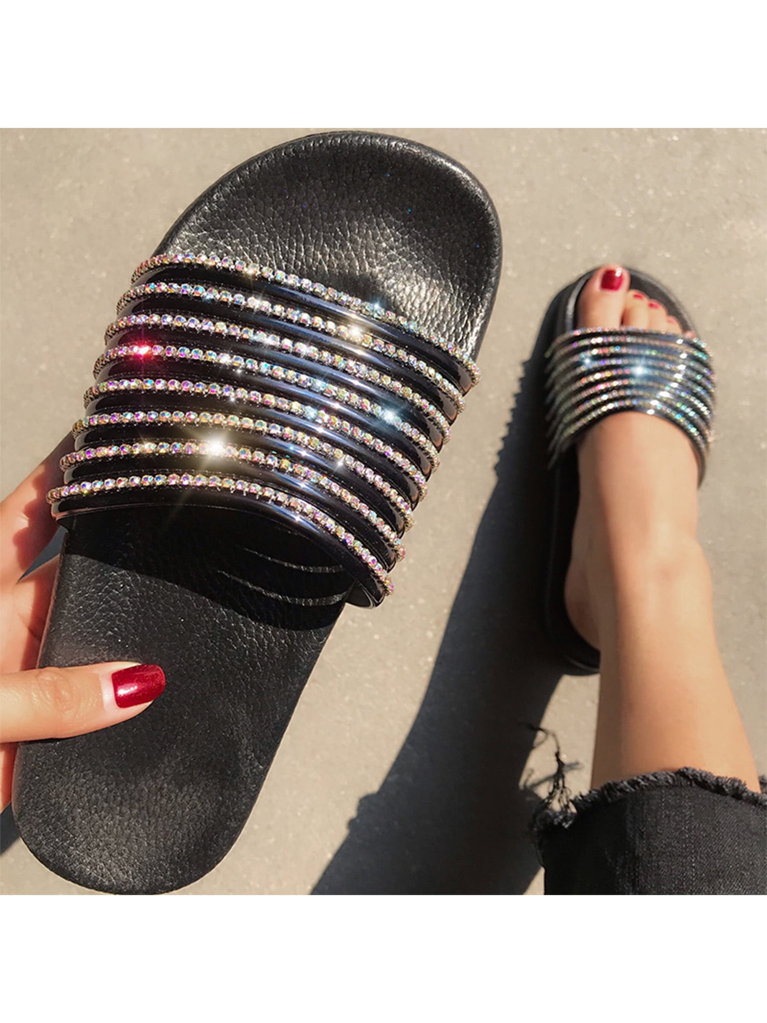 Lacyhop LADIES DIAMANTE GLITTER SLIDERS SLIP ON SLIPPERS SPARKLY SANDALS  MULES SHOE SIZE 9 - Walmart.com