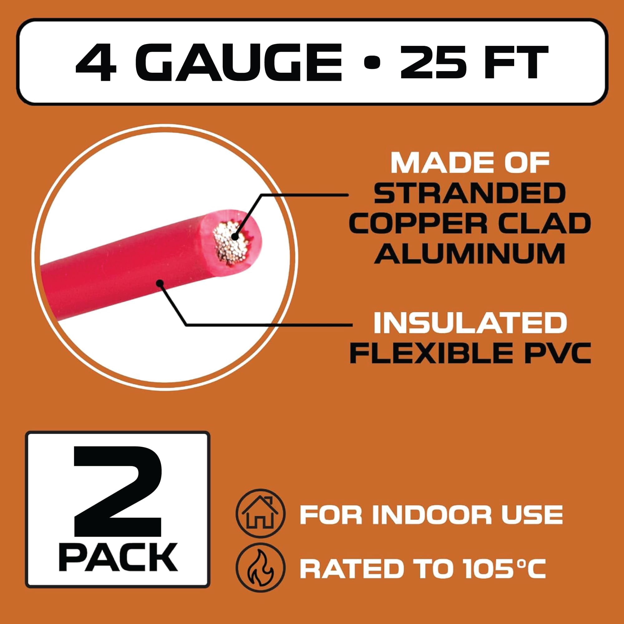 Iron Forge Cable 4 Gauge Wire - 2 Pack 25ft Copper Clad Aluminum Primary Cable 4 AWG Heavy Duty with Wire Lug Terminal Connectors and Heat Shrink Tube