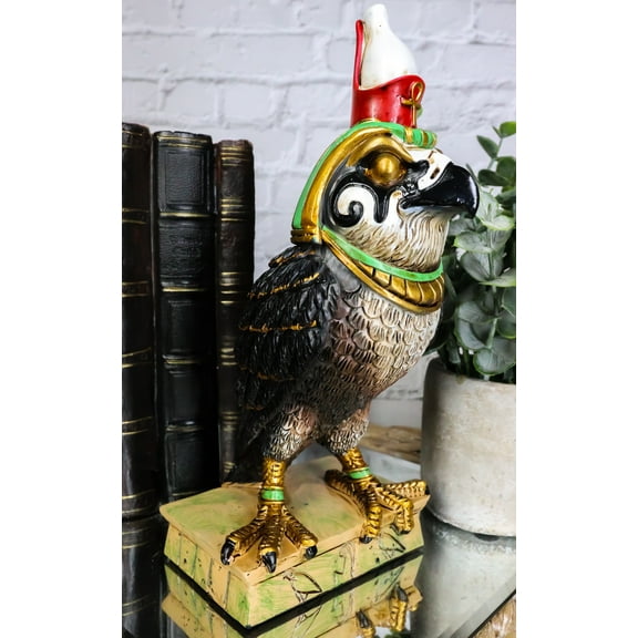 Egyptian God of The Sky Horus Falcon Bird With Pschent Crown On Base Figurine