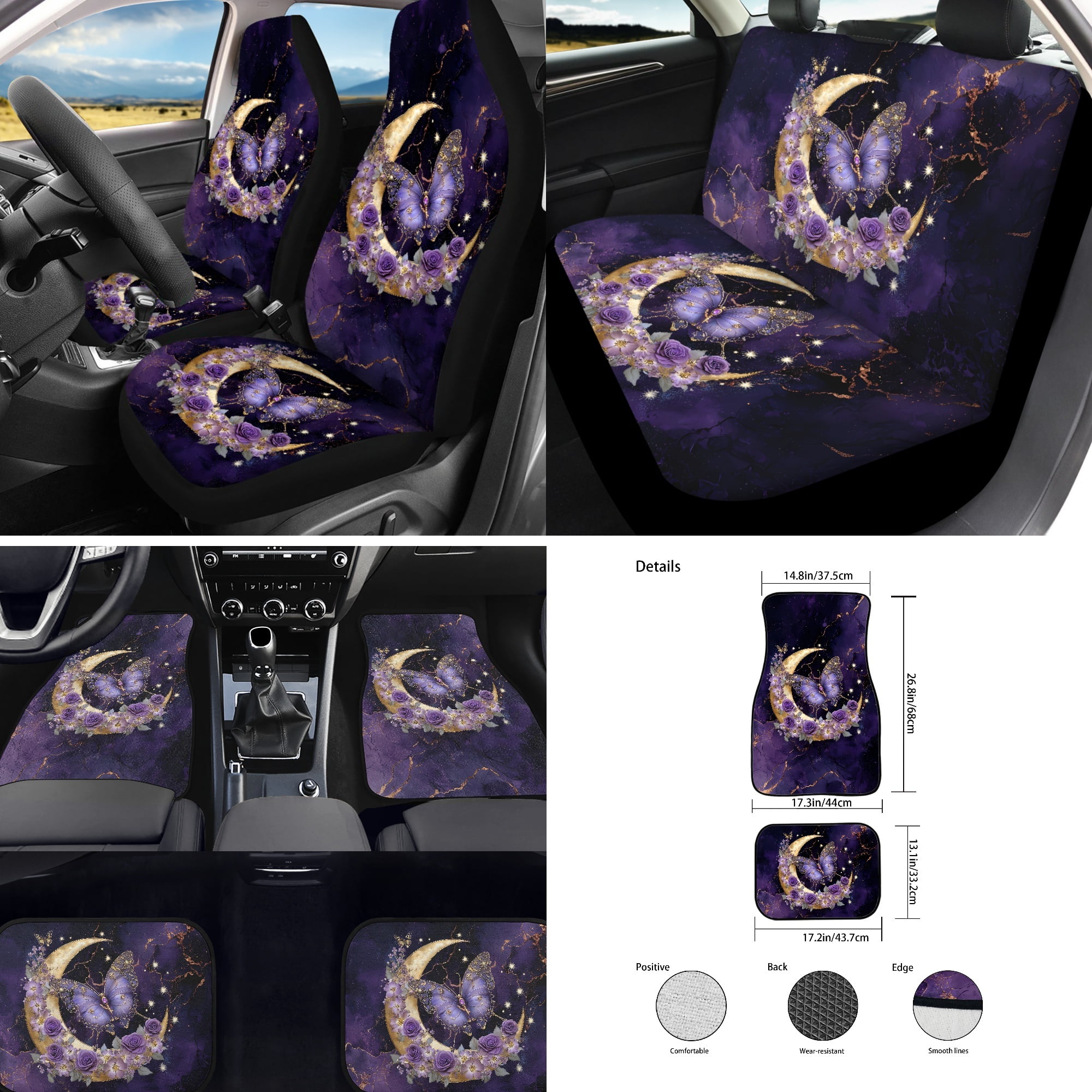 Jeiento Butterfly Car Seat Cover Full Set Car Floor Mats Steering Wheel Cover Seatbelt Cover Moon Armrest Cover Purple Universal Auto Interior Accessories Set for Women Men