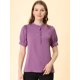 thumbnail image 2 of Tops de blusa de trabajo con cuello redondo y mangas cortas con tapeta de medio botón con volantes para mujer Púrpura L, 2 of 6