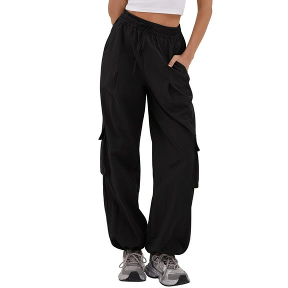 WULMLEO Drawstring Wide Leg Cargo Pants Women Baggy, Elastic Waist Pants Y2K Dance Hip Pop Pants Black XL