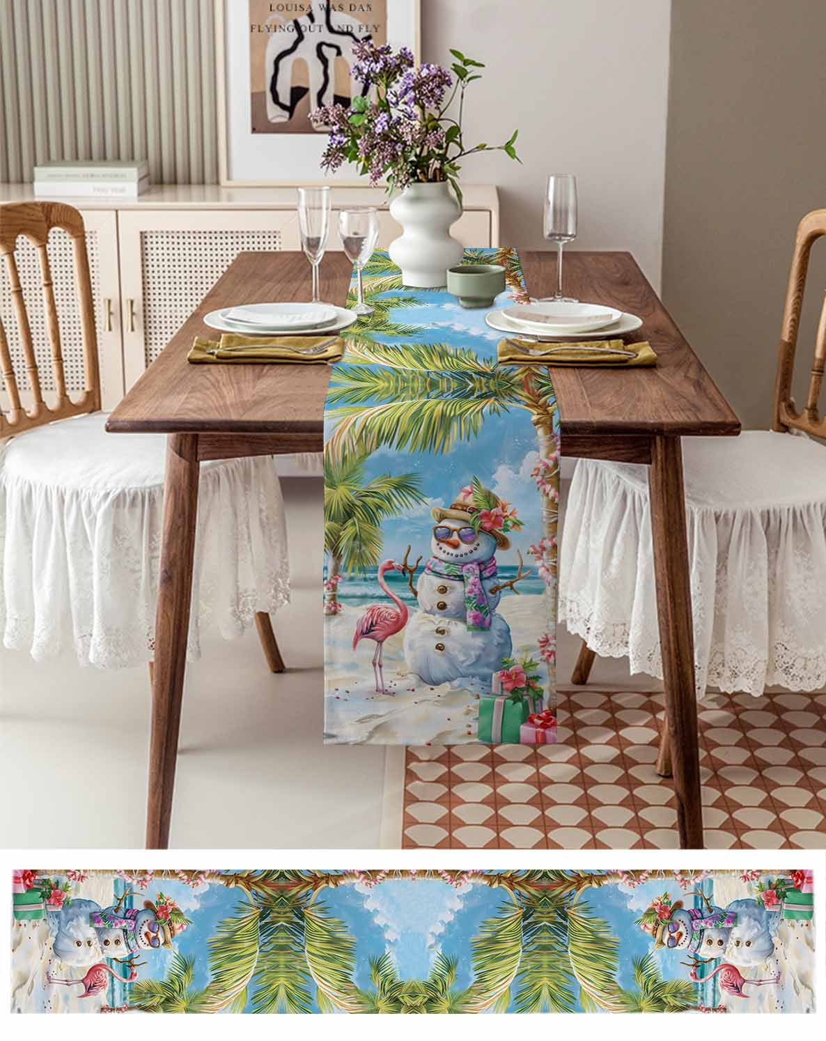 Coastal Snowman Christmas Table Runner Xmas Tree Flamingo Beach Tablerunners 13 x 120 Inch, Table Decorations Tabletop Scarf for Summer Gathering Holiday Farmhouse Kitchen Dining Decor