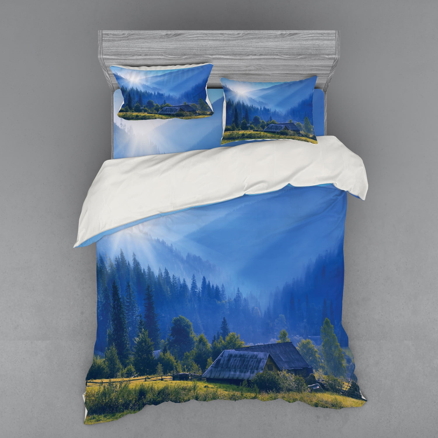Rustic Duvet Cover Set, Mountain Village Ukraine Rising Sun Pine Trees