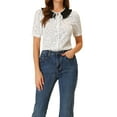 thumbnail image 1 of Blusa de lunares blanca con volantes y lazo en el cuello en V para mujer, INSPIRE CHIC, talla L, 1 of 5