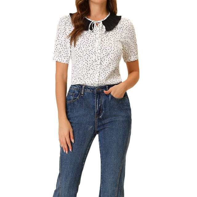 Blusa de lunares blanca con volantes y lazo en el cuello en V para mujer, INSPIRE CHIC, talla L