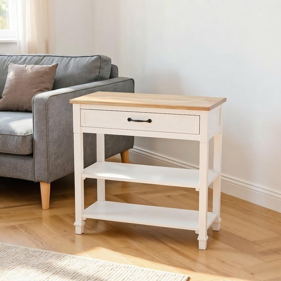 Resenkos Modern Style Sofa Console Entry Hallway Table with Drawer and Shelves, Sturdy Build, Old Log Color Desktop, Large Storage, White