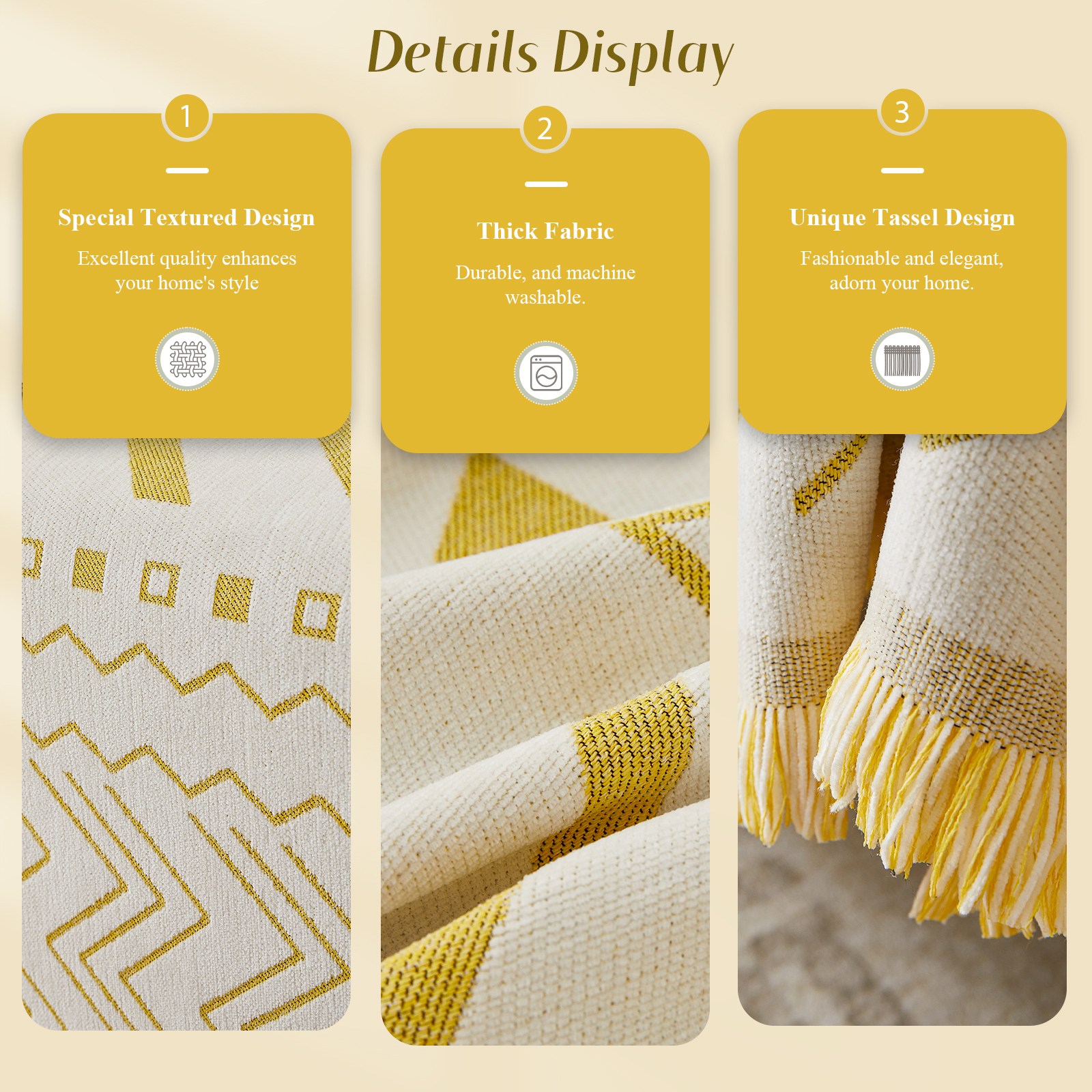 WOOW DEPOT Boho Chenille Sofa Cover Reversible w/ Tassel, Washable Throw Blanket L Shape Slipcover for 2 Cushion Couch, Mustard Yellow & White Geometric, 71"x118"