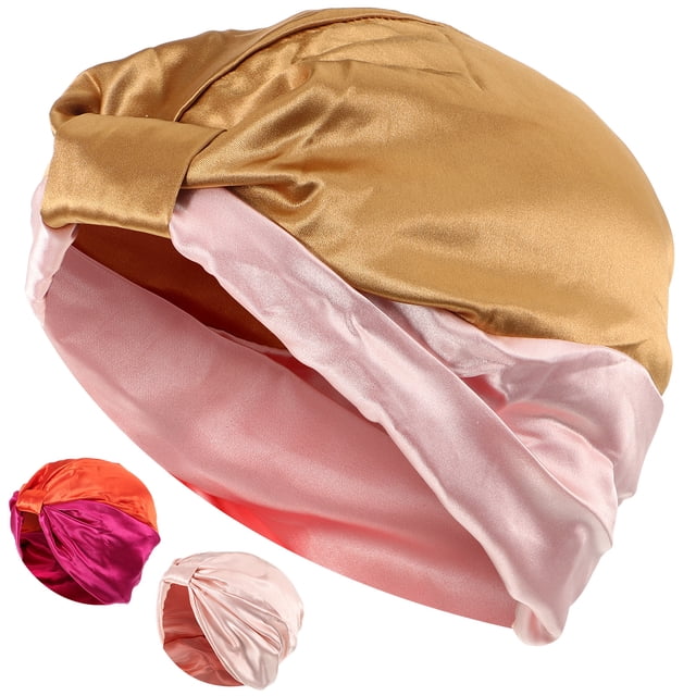 3pcs Turban de doble capa Satin Sleep Elástico Noche de cabeza para mujeres (rosa, caqui y rosa, rosado y naranja)