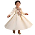 thumbnail image 4 of Wuxian Child Girls Long Sleeve Dresses Traditional Flower Plaid Graphic Embroider Round Neck High Waist Pleated A-Line Long Dress Fashionable Party Birthday Breathable Cozy Dailywear,Beige,3-4 Years, 4 of 9