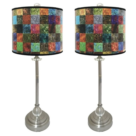 Royal Designs 28" Crystal and Brushed Nickel Buffet Lamp with Colorful Patchwork Design Hard Back Lamp Shade, Set of 2