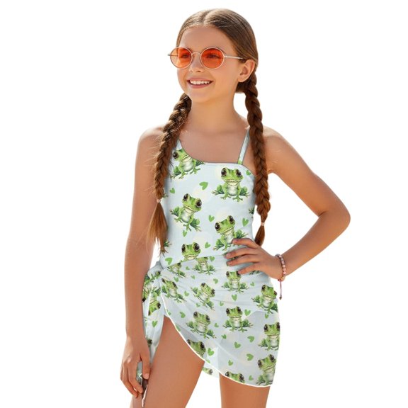 Whosucclay Frog Pattern Girls' One Piece Swimsuit with Cover Up, Adjustable Strap Adjustable Straps Girls One Piece Bathing Suit for Beach, 15-16 Years Old