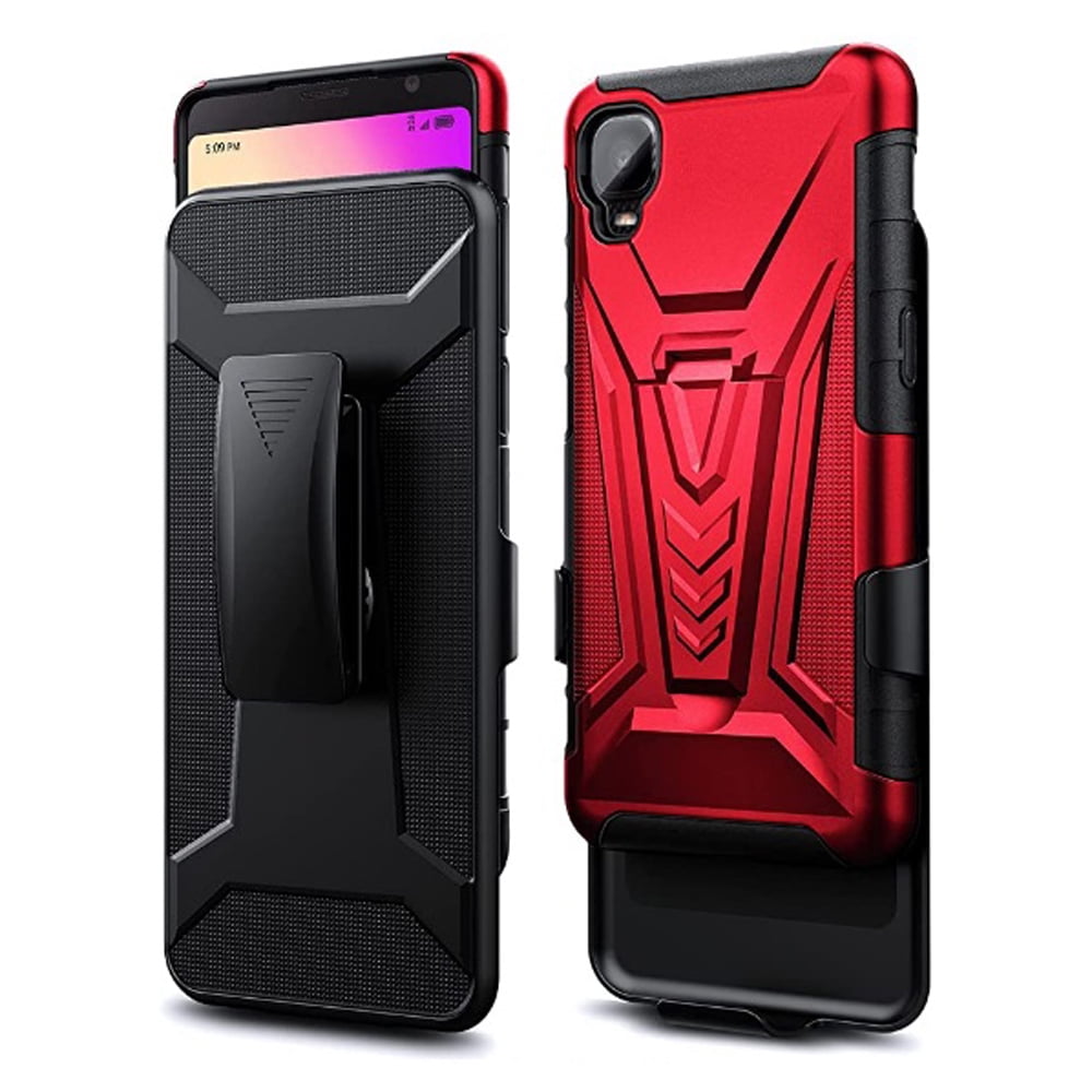 Phone Case For Tracfone Alcatel TCL A3 (A509DL) / A30 Phone Holster / Shock Absorbing Build-in Kickstand with Holster Belt Clip (Holster Red)