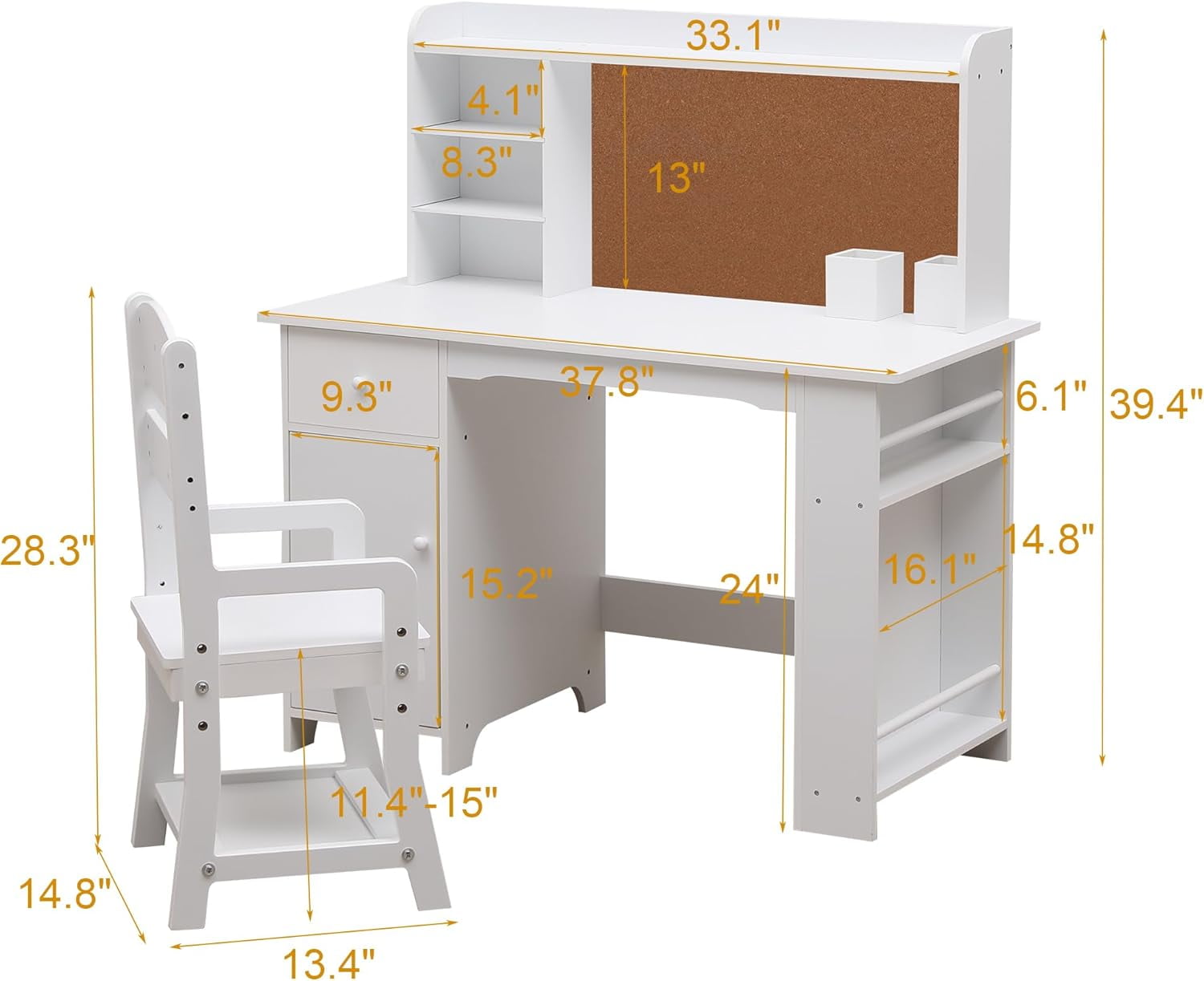 Kids Desk and Chair Set, Wooden Study Table with Storage Shelf, Bulletin Board, Children School Learning Desk Set, Writing Table for Boys and Girls