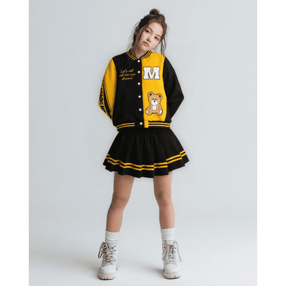 PureChapter Girls Clothes Cartoon Bear Letter Print Color Block Varsity Jacket & Striped Pleated Skirt 2 Piece Outfits for 7-14