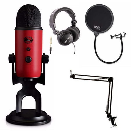Blue Microphones Yeti Red USB Mic with Knox Boom Arm, Headphones and Pop (Best Mic Boom For Blue Yeti)