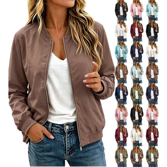 Chiccall Jackets for Women Zip‑Up Long Sleeve Loose Casual Bomber Jacket Lightweight Coat Outerwear Brown S