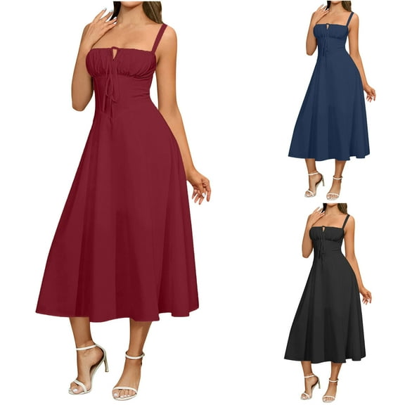 SMihono Solid Color Midi Corset Dress Boho Flowy Slit Lace Up Dresses for Women Going Out A Line Casual Sundress Black L