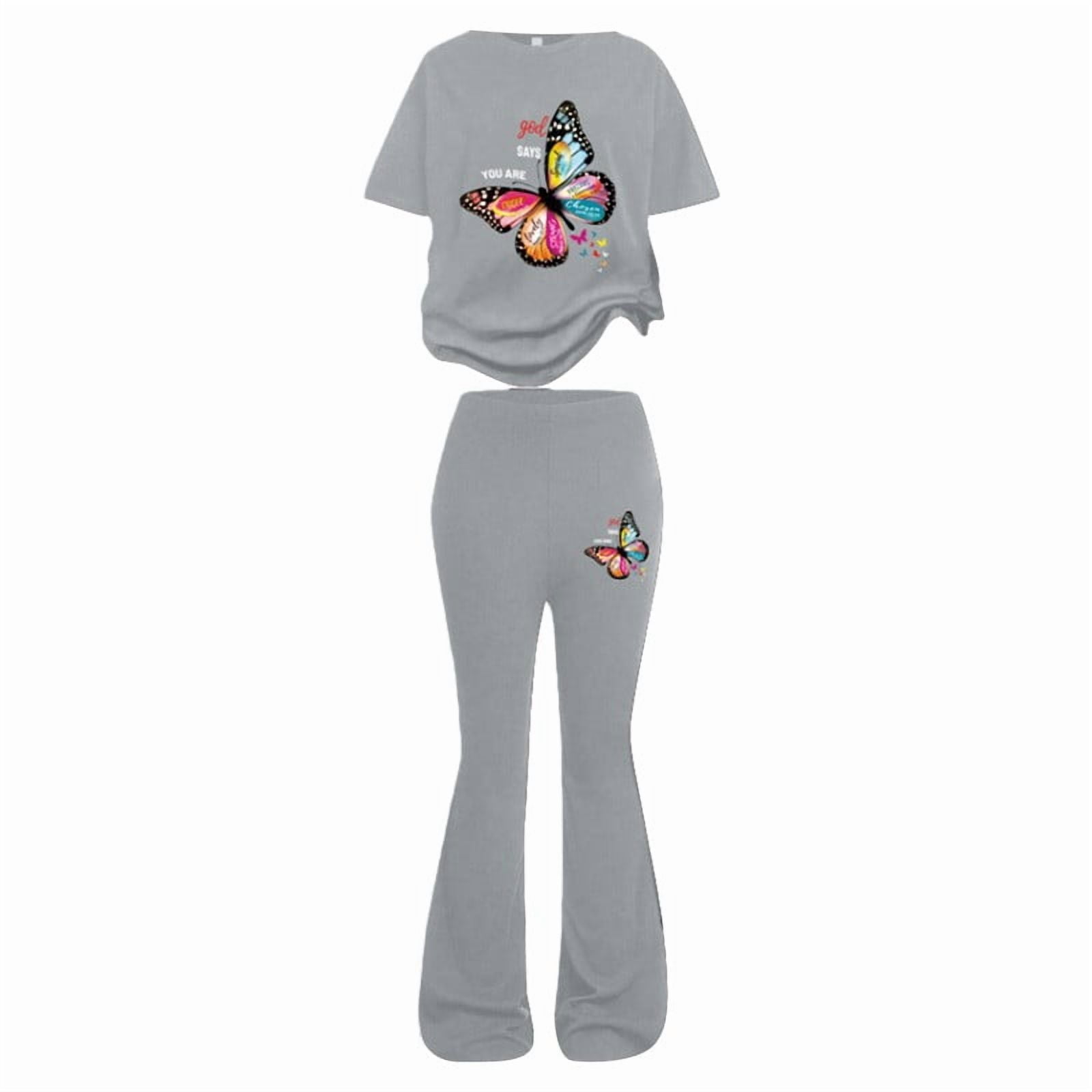 EnJoCho Girl s 2 Piece Outfits Crew Neck Cute Graphic Crop Top Flared Pants Outfit Casual Short Sleeve T Shirt Yoga Sweatpants Girls Shorts Sleeve Tops Pants Set