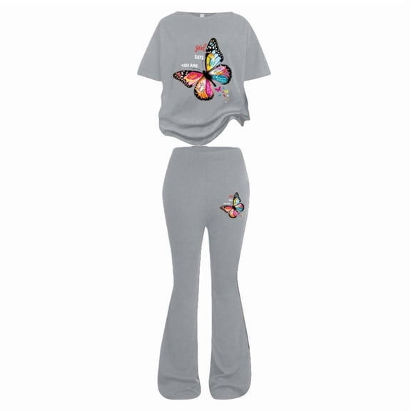 YunPes Girls' Summer 2-Piece Outfit Set Colorful Butterfly Print T-Shirt and Flare Long Pants Fashion Summer Outfits 8-13Y
