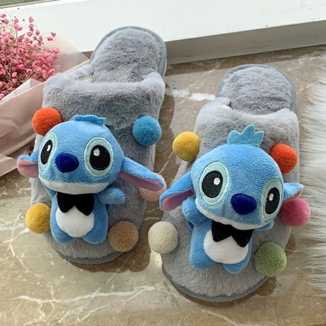 Pantuflas de felpa de algodón de Disney Stitch para mujer, zapatos de casa de gran tamaño, zapatos cálidos de invierno con bonitos dibujos animados para dormitorio de estudiantes