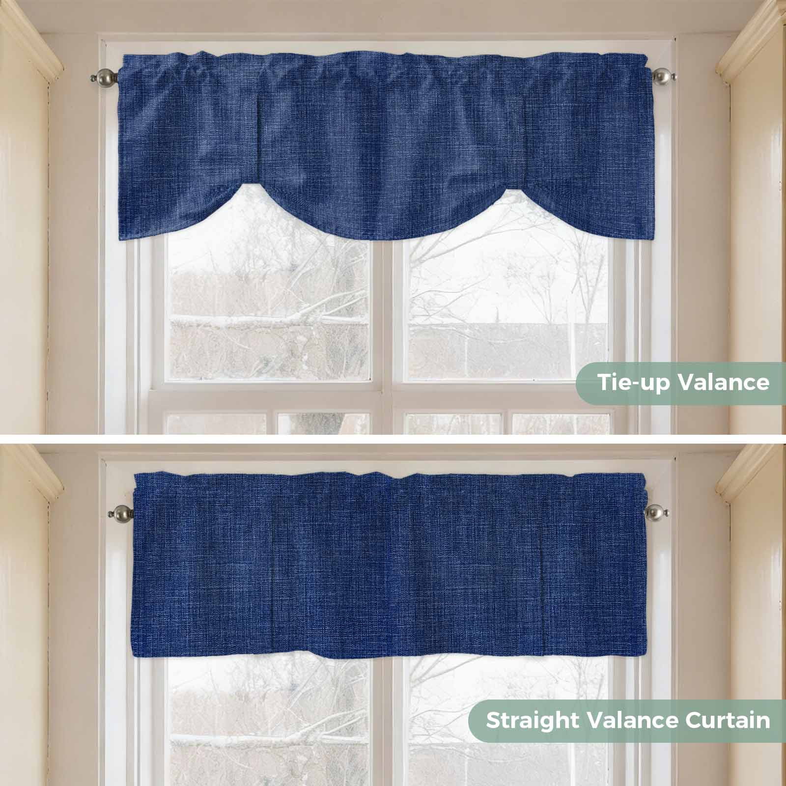 Vintage Navy Blue Tie Up Valance Curtains for Windows, Kitchen Curtains Window Treatments, Farmhouse Retro Dark Solid Color Linen Texture Short Window Valances for Bedroom Bathroom Cafe 42"x18"