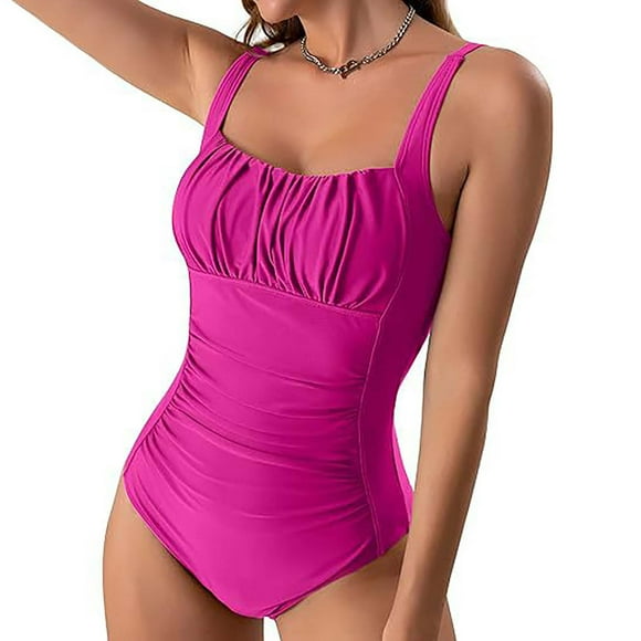 BADHUB Women’s One Piece Tummy Control Swimsuit Ruched Slimming Swimwear Padded Scoop Neck Monokini Bathing Suit with Adjustable Spaghetti Straps