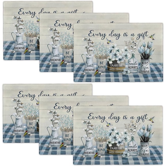 Farmhouse Spring Flower Placemats Set of 6 Every Day is A Gift Rustic Floral Double-Sided Table Mats for Dining Room Home Party Indoor 6 PCS 12x18 Inch