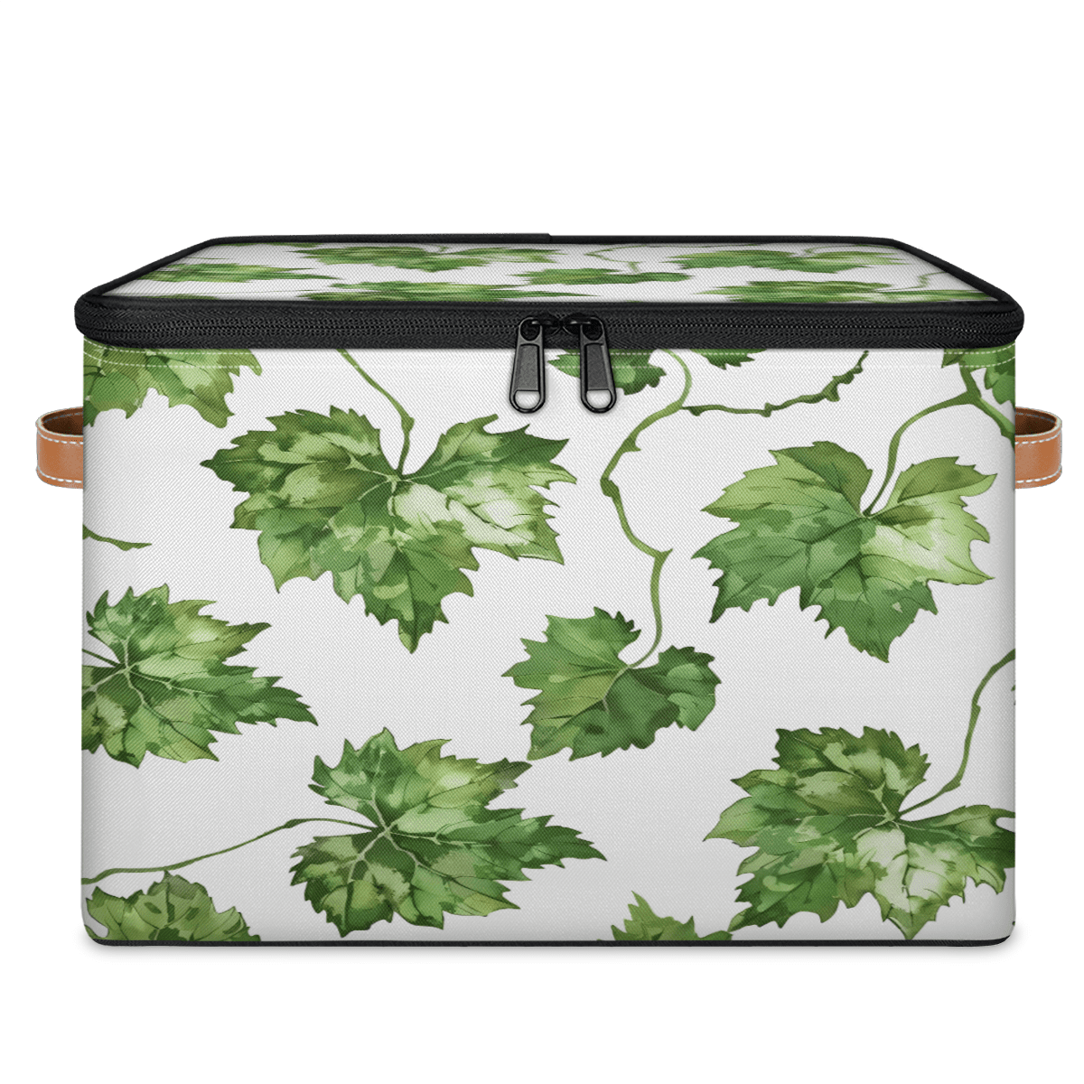CURLYOOT Grapes Leaves Fabric Storage Bins with Lids, Watercolor Plant Leaves Foldable Storage Boxes Washable Storage Cube, Closet Bedroom Home Organizer Containers with PU Leather Handles