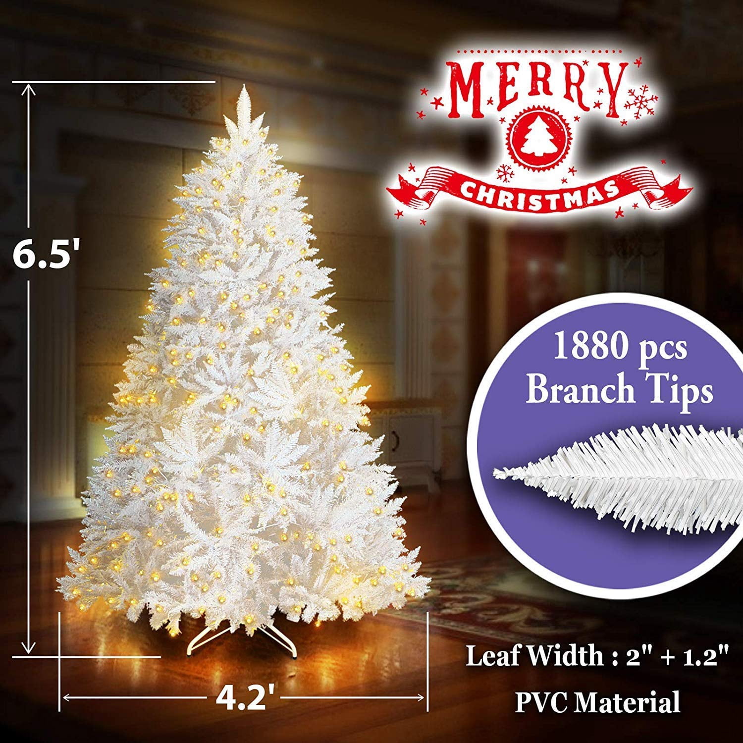 Sunrise 6.5 Artificial Christmas Tree with Metal Stand Full Tree Xmas Holiday (6.5' with 650 Clear Lights and 1880 Tips) White