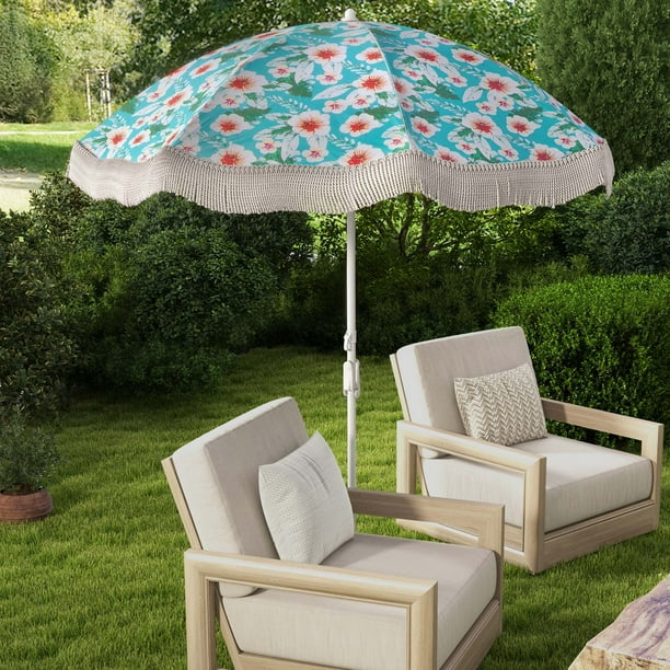 Costway Sombrilla de Playa de 210 cm con Flecos, Sombrilla Bohemia con Inclinación de Botón, Protección UPF 50+, Bolsa de Transporte, Sombrilla Exterior para Jardín, Césped, Terraza