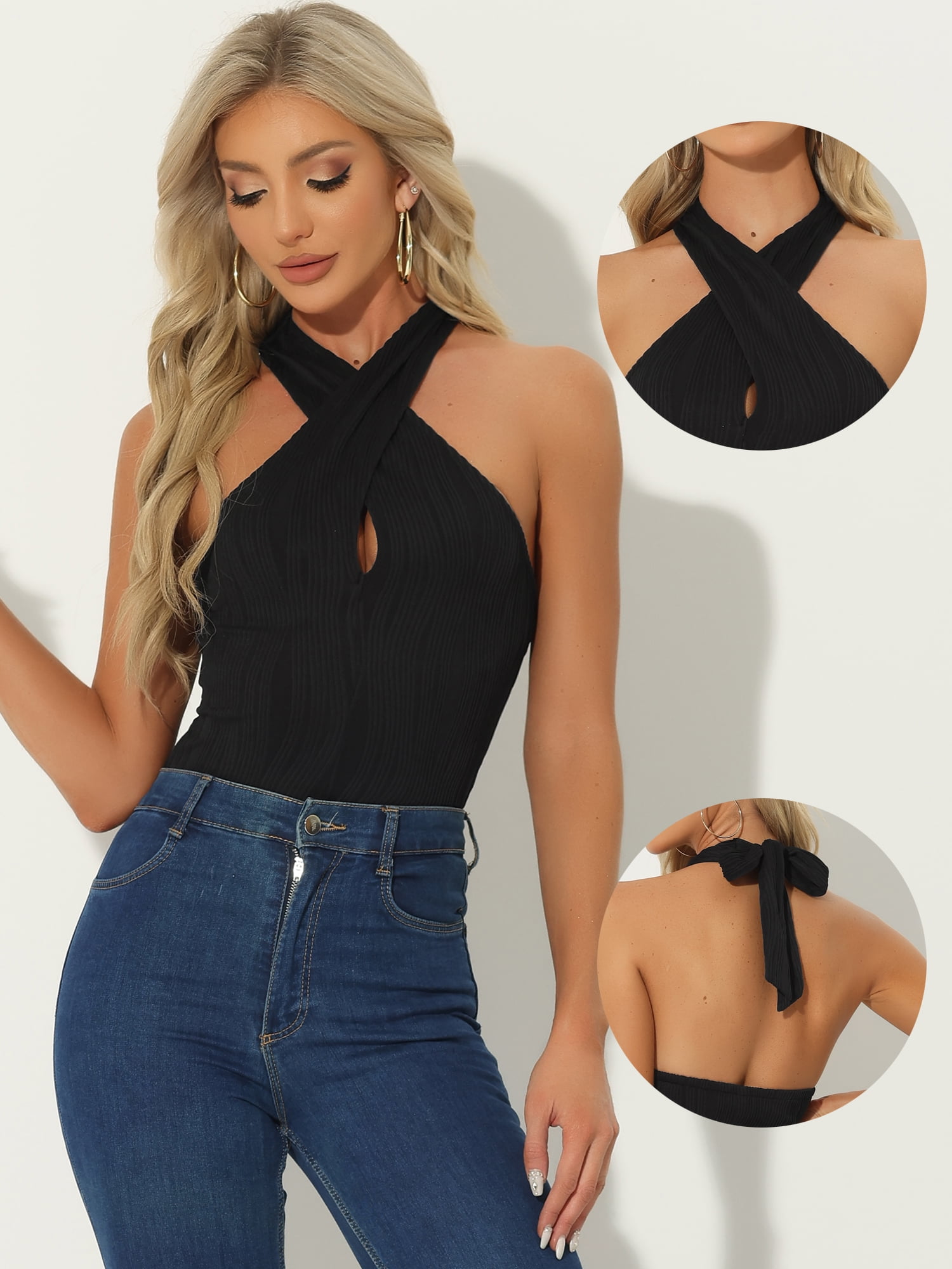 DARING DIVA Criss Cross Halter Neck Bodysuit Top Clubwear M Black
