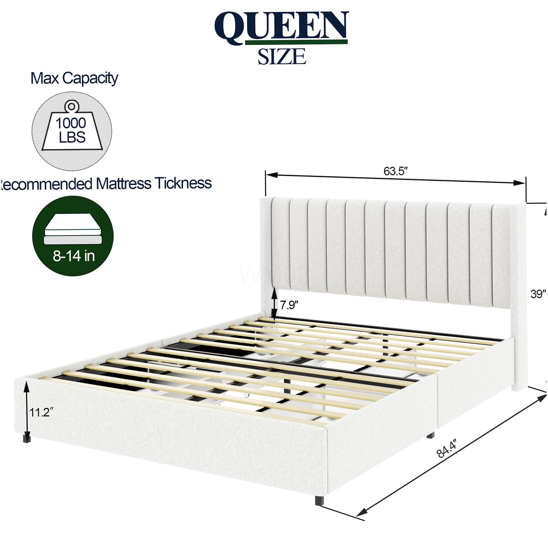 Ivory Queen Upholstered Storage Bed Frame with Wingback Headboard, 4 Large Drawers, Wood Slat Support, No Box Spring Needed