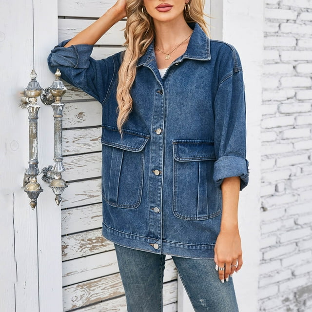 LOVZFMLL Vestes pour Femmes Mode Couleur Col à Revers Style Amincissant Manche Veste en Denim