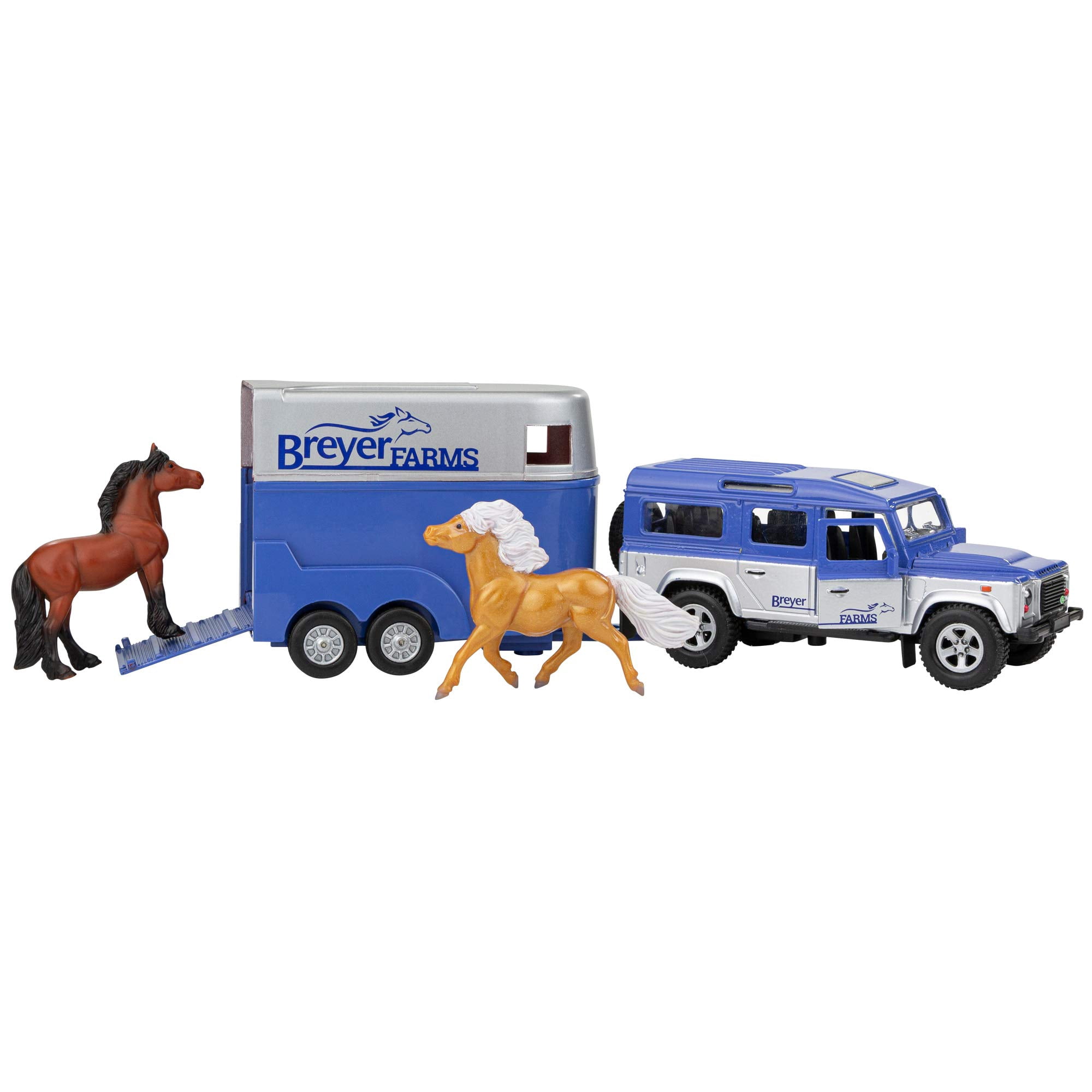 Breyer Horses Farms Land Rover and Tag-a-Long Trailer and Horses Playset | Die Cast Land Rover | 3.25” H x 10.5” L x 2.5” D | 2 Stablemates Horses Included | 1:32 Scale | Model #59216, Multi