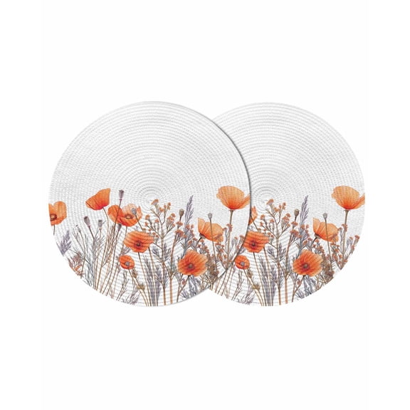 Orange Spring Floral Round 15 Inch Placemats Set of 2, Watercolor Summer Botanical HeatResistant Non Slip Place Mats for Dining Table, Wipeable Braided Kitchen Table Mats for Housewarming