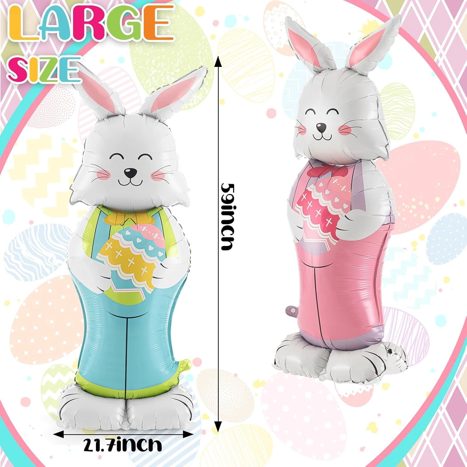 Easter Bunny Balloons, 2-Pack 59-Inch Large Rabbit-Shaped Foil Balloons With Base For Standing Display, Cartoon Bunny Decor For Easter Birthday Spring Party