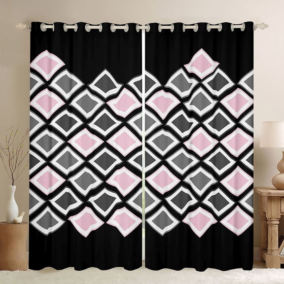 Castle Fairy Checkered Black Out Curtains,Black Pink Grey Curtains Pack of 2 (42x63 Each)