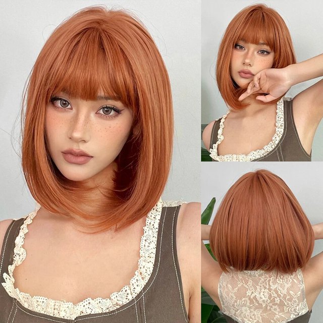 Peluca de cabello sintético con flequillo para mujer, cabellera corta Bob, color marrón claro, liso, Natural, resistente al calor, Cosplay diario