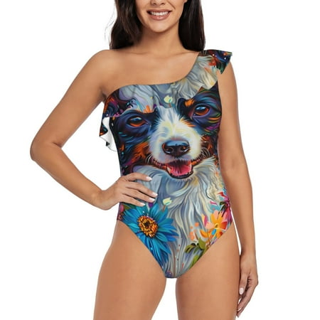 Tebeau Oil Painting Sunflower Puppy Print Women s One Piece Swimsuits One Shoulder Swimwear Asymmetric Ruffle Monokinis Bathing Suits-XX-Large