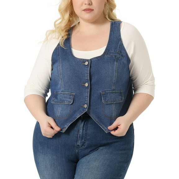 Unique Bargains Women's Plus Size Denim Jackets Sleeveless Button Crop Waistcoat Vests 1X Blue