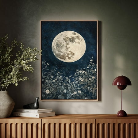 Full Moon Floral Wall Art – Starry Sky With Delicate White Flowers And Ethereal Lunar Glow For Serene Home Decor Wall Art Modern Wall Decor 12x18 UNFRAMED