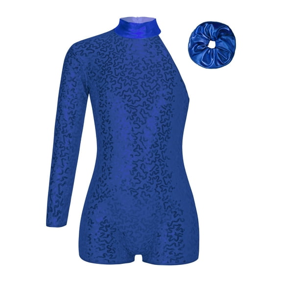 TSSOE Girls Sequin Single Long Sleeve Jazz Latin Dance Unitard One Piece Shorts Biketard Bodysuit Dancewear Blue 10