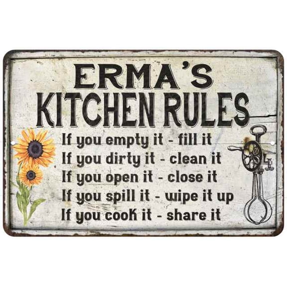 Erma's Kitchen Rules Chic Sign Vintage Decor 8 x 12 High Gloss Metal 208120032386
