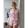 thumbnail image 3 of Women's Sweet Bow Print Pajama Set, Long Sleeve Button Down Top with Ruffle Shorts, Cute Loungewear Sleepwear for Women, 3 of 9
