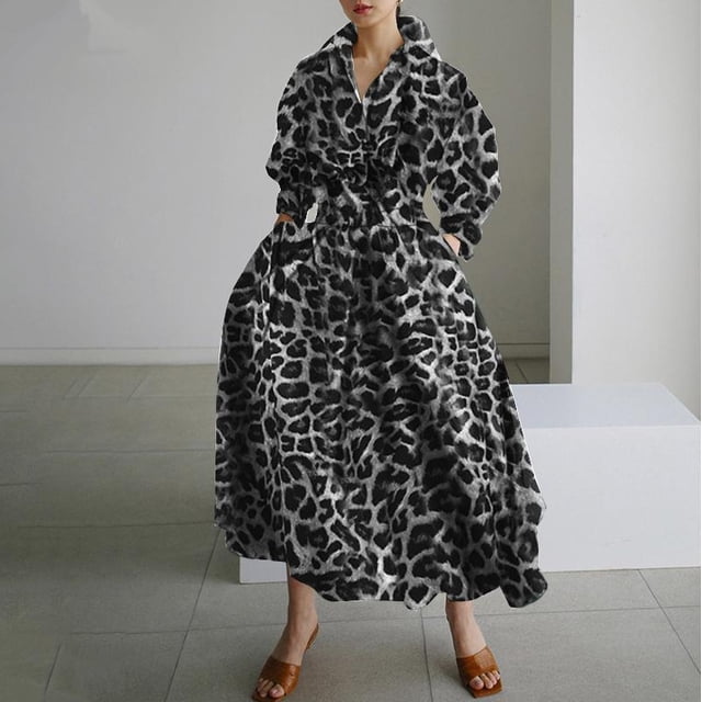 VISgogo Vestido elegante para mujer, color sólido/estampado de leopardo, manga larga, vestido camisero con cintura ceñida, S-XXXXXL VISgogo moda