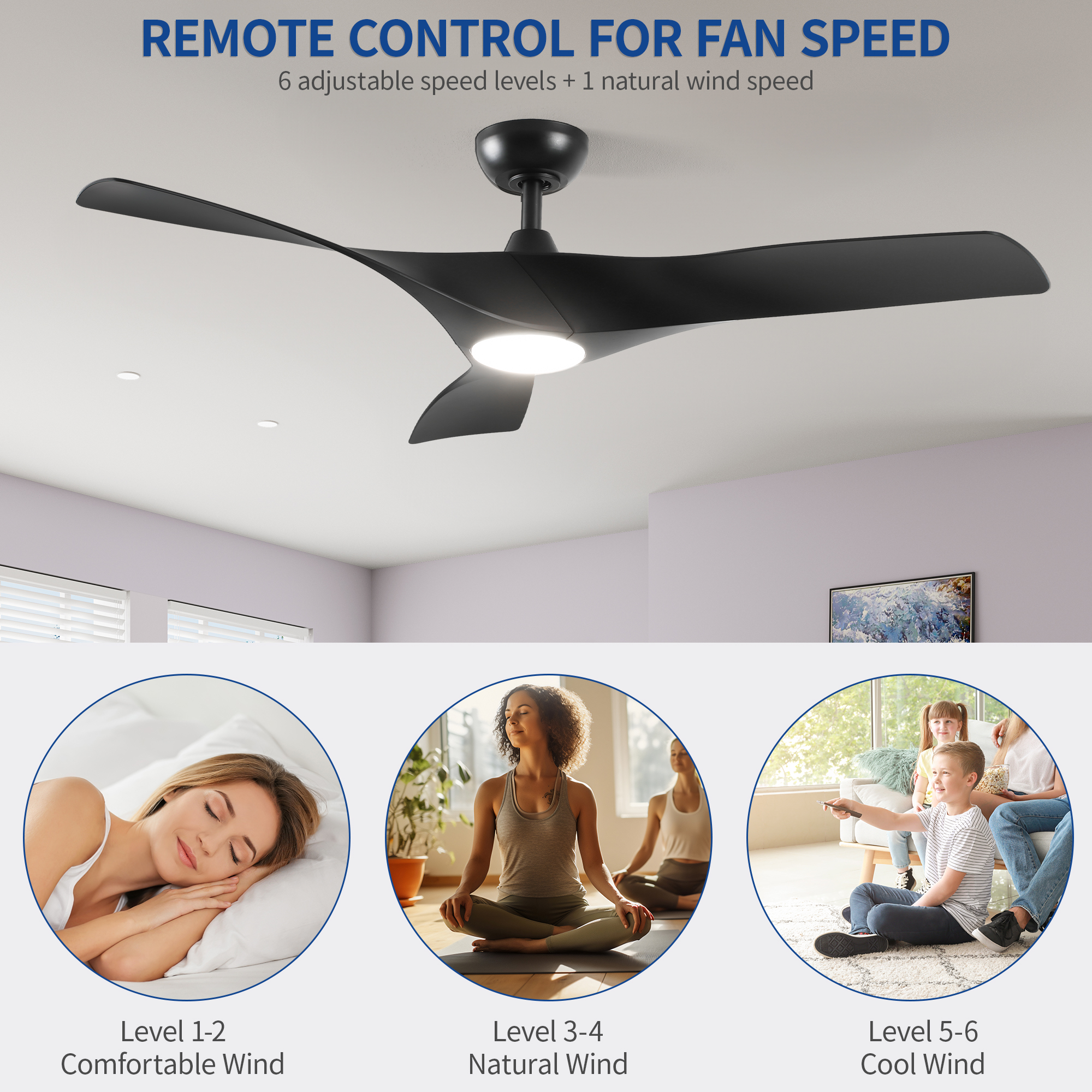 Uforic 52" Ceiling Fan with Light: Energy-Efficient, 6-Speed, Dimmable LED, Quiet DC Motor, Remote Control, and Reversible Blades for All Seasons (Black)