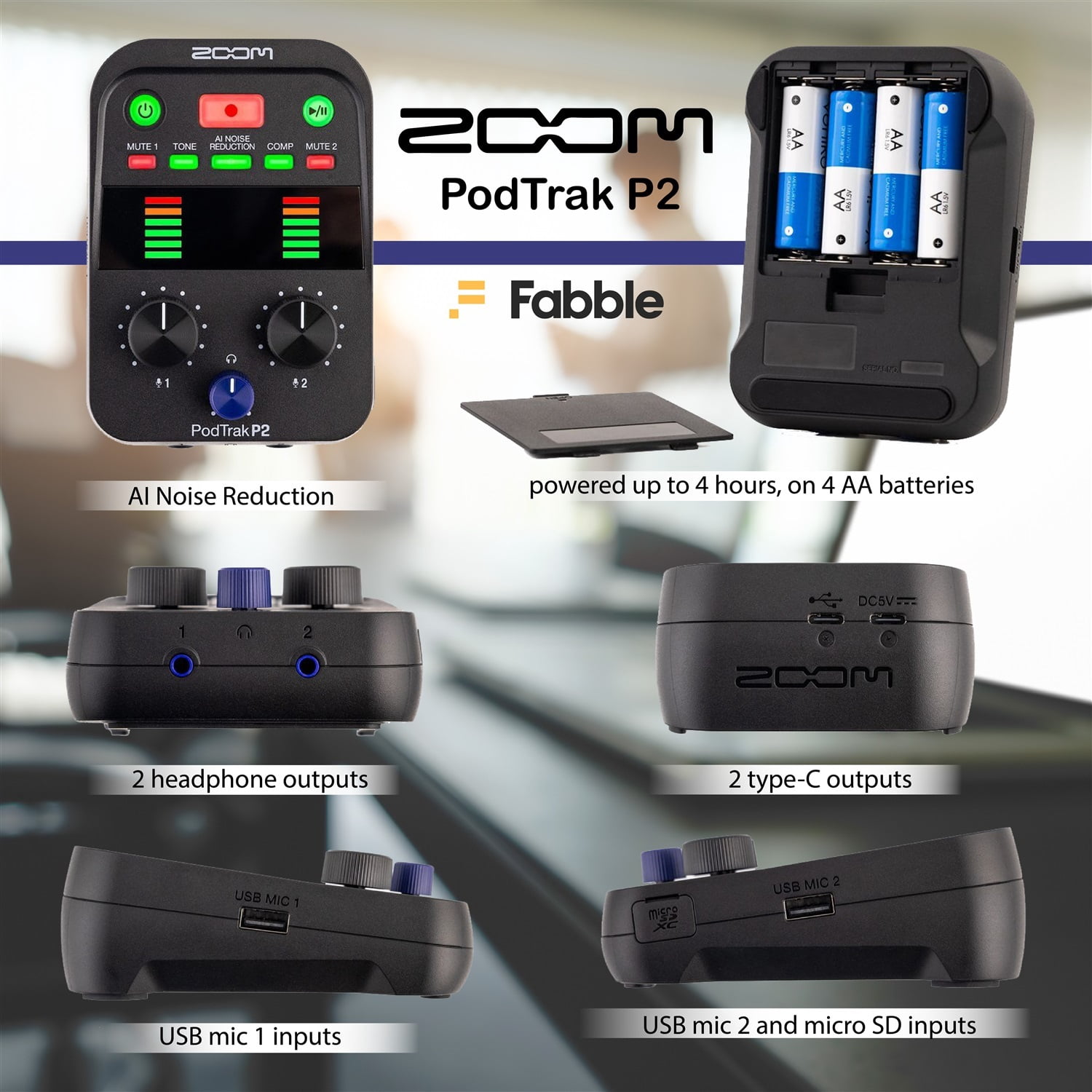 Zoom PodTrak P2 Podcasting Bundle: Includes PodTrak P2 Recorder, 2 ZUM-2 Podcast Mic Packs, 32GB microSDHC Card, AA Rechargeable Battery Kit with Charger, and Premium Black Microfiber Cleaning Cloth
