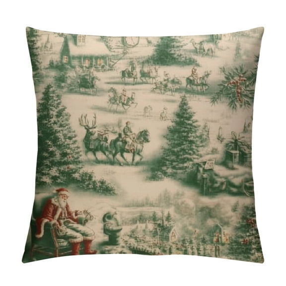 SHERONV Winter Toile Throw Pillow Covers  Green Christmas Pillow Cases Xmas Santa Deer Holiday Decorative Cushion Covers for Sofa Couch 12x12in